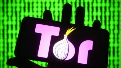 Smartphone displaying the pink and white Tor Browser logo against a green digital code background.