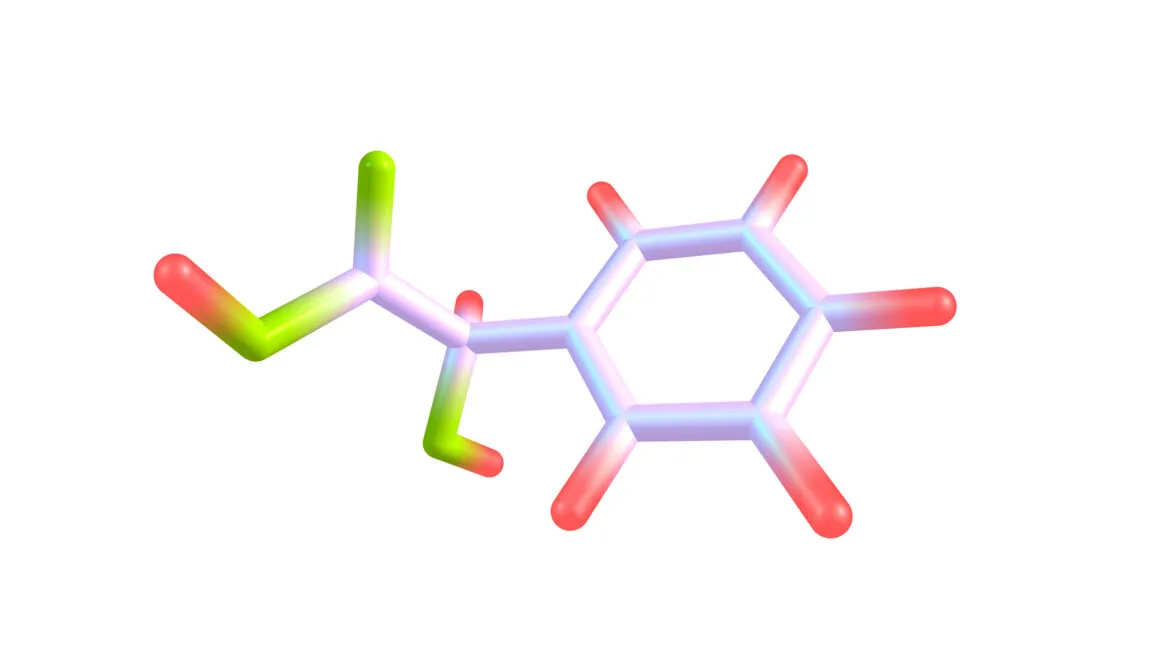 3D molecular structure of mandelic acid with colored atomic bonds isolated on white