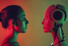 A woman and a humanoid robot face each other in profile against a split red and green backdrop.