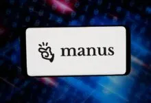A smartphone displaying the Manus AI logo on a white screen against a blue binary code background.