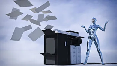 A frustrated metallic female robot reacts as documents scatter wildly into the air from a photocopier.