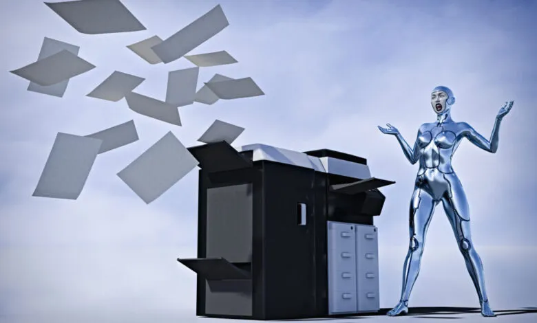 A frustrated metallic female robot reacts as documents scatter wildly into the air from a photocopier.