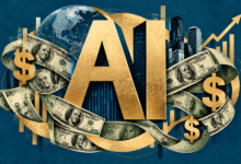 Golden AI text surrounded by US dollar bills, a globe, and financial charts on a blue background