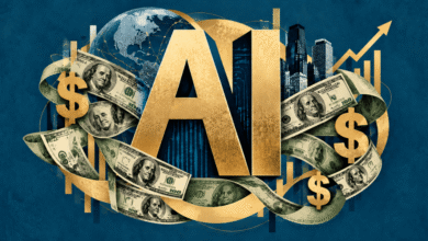 Golden AI text surrounded by US dollar bills, a globe, and financial charts on a blue background