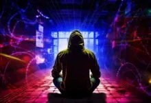 Hooded figure meditating cross-legged in a futuristic prison corridor bathed in neon blue and pink light