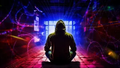 Hooded figure meditating cross-legged in a futuristic prison corridor bathed in neon blue and pink light