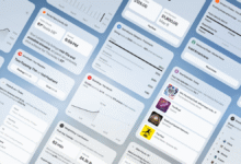 An array of blue-tinted digital dashboard interface panels showing widgets and charts.