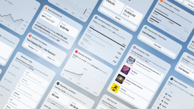 An array of blue-tinted digital dashboard interface panels showing widgets and charts.