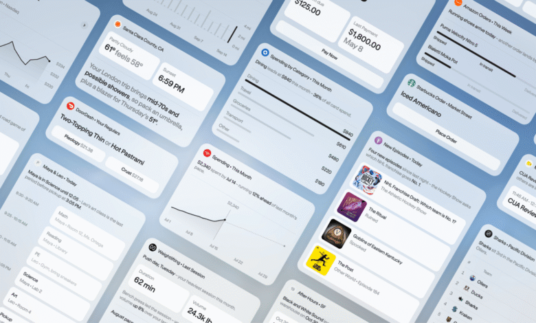 An array of blue-tinted digital dashboard interface panels showing widgets and charts.
