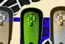 Collage featuring three stylized Flock Safety automated license plate reader cameras against a map background