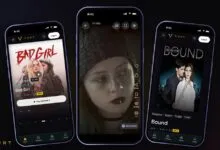 Three smartphones displaying the Vurt streaming app with movie and TV show titles.