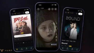 Three smartphones displaying the Vurt streaming app with movie and TV show titles.