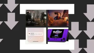Collage featuring a military game, animated character, phone notification, and Pokémon game console.