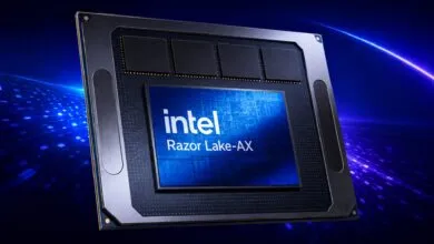 Close-up of an Intel Razor Lake-AX processor chip against a glowing blue tech background.