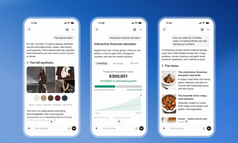 Three smartphone screens displaying intelligent user interfaces with AI chat features.