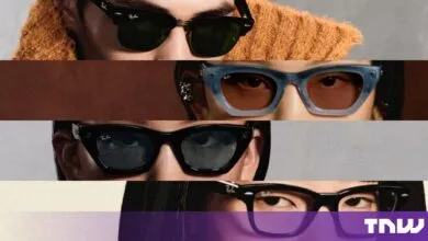 Close-up collage of four models wearing various styles of Ray-Ban Meta smart glasses.