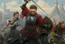 Medieval fighters in armor, including Henry of Skalitz, engaged in a fierce battle near a castle.