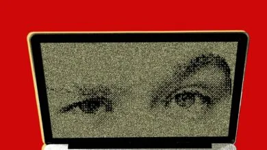 A laptop screen displays a pixelated face composed of dark specks against a textured, static-like beige backdrop.