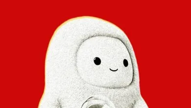 A cute white textured cartoon character with round black eyes and a smiling face against a vibrant red background.