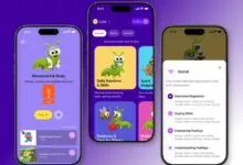 Three smartphones display a colorful children's learning and entertainment mobile app interface