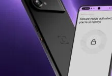 Ledger Stax crypto hardware wallet displaying secure mode on screen against a purple background.