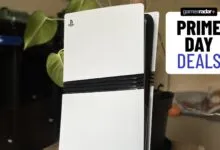 PlayStation 5 console standing upright with white plates against a blurred background
