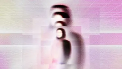Glitched digital artwork of a blurred human silhouette against a pink and white textured background.