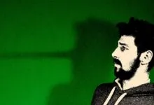 High-contrast graphic of a bearded man looking right against a textured green background
