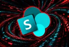 Microsoft SharePoint logo glowing brightly against a dynamic digital data tunnel background.