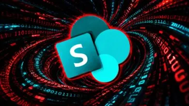Microsoft SharePoint logo glowing brightly against a dynamic digital data tunnel background.