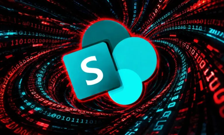 Microsoft SharePoint logo glowing brightly against a dynamic digital data tunnel background.