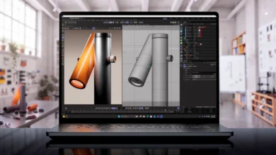 Laptop displaying a 3D modeling software interface with cylindrical objects