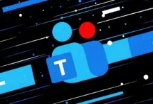 Microsoft Teams logo stylized over a dynamic black background with blue and white streaks.