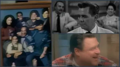 A collage showing Raymond Burr as Perry Mason and a group photo in vintage television scenes.