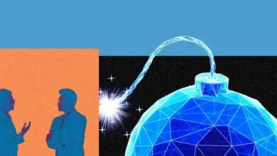 Two professionals talking next to a large digital wireframe bomb ticking with blue and orange tones.