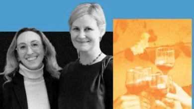 Collage featuring two smiling women next to a panel with people toasting wine glasses in orange tone.