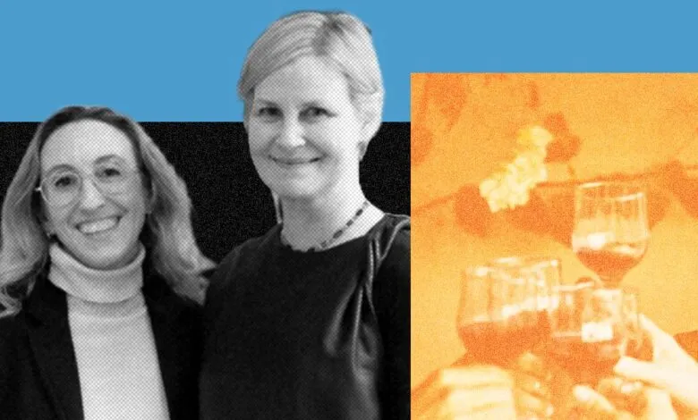 Collage featuring two smiling women next to a panel with people toasting wine glasses in orange tone.