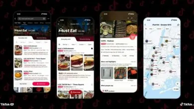 Four smartphones displaying the TikTok app's 'Must Eat' feature for finding local restaurants.
