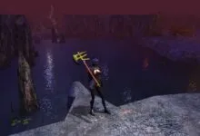 An armored warrior wielding a golden weapon stands on a cliff overlooking a dark, misty body of water.