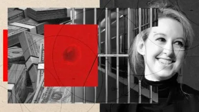 Collage featuring Elizabeth Holmes smiling next to prison bars and stacks of cash with a red square.