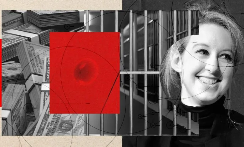 Collage featuring Elizabeth Holmes smiling next to prison bars and stacks of cash with a red square.