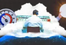 Collage of a technician at a control panel, a large thermometer, and a hand dimming the sun over Earth.