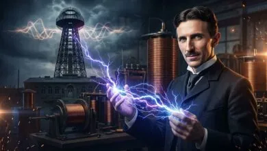 Nikola Tesla holding crackling blue electrical arcs between his hands in his laboratory.