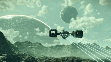 A futuristic spaceship flying over a mountainous alien planet with two large moons in a cloudy green sky.