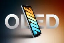 A sleek tablet stands angled against a gradient background with large bold OLED text.