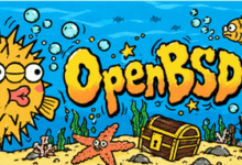 Cartoon underwater scene with OpenBSD 8.0 logo, pufferfish, and treasure chest.