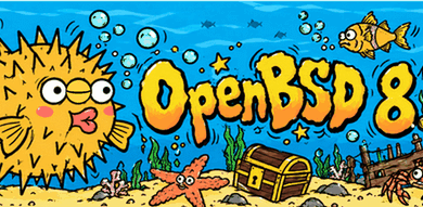 Cartoon underwater scene with OpenBSD 8.0 logo, pufferfish, and treasure chest.