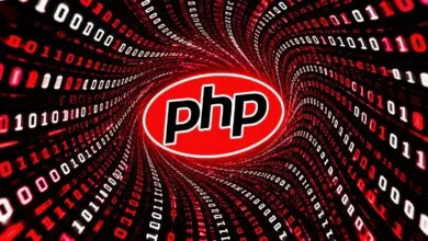 The PHP logo centered over a swirling digital tunnel of glowing red binary code and data.