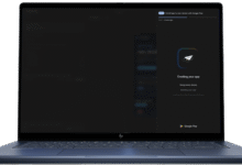 A laptop screen displays a Google Play interface creating a personal app with a paper airplane icon.