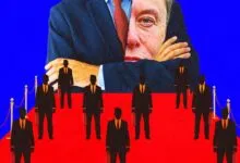 Collage featuring Elon Musk merged with a suited figure, overlooking silhouetted workers on a red carpet.